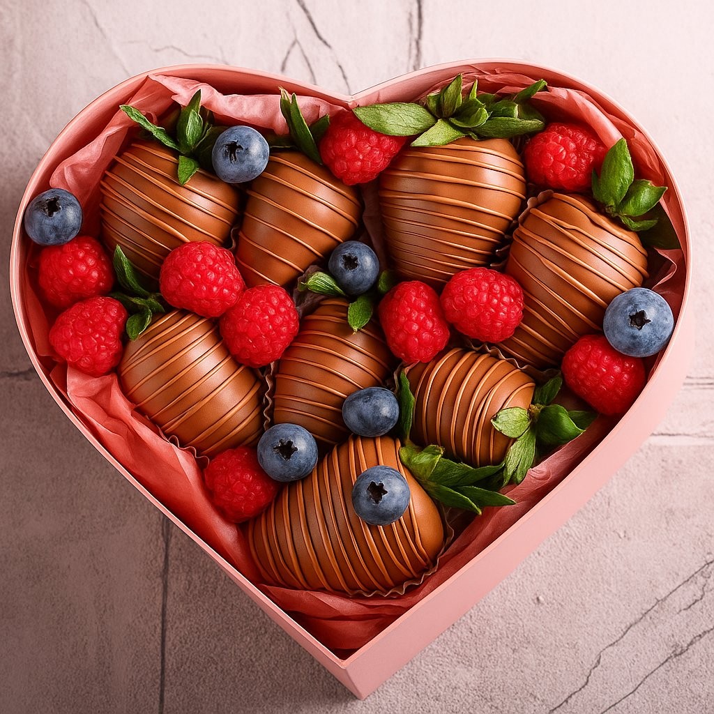 Caja corazón, con fresas y frutos rojos